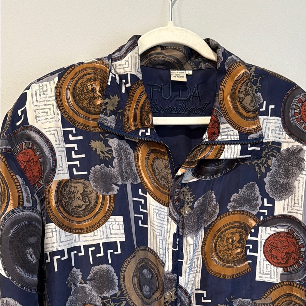 Vintage 90’s Blue and Gold Patterned 100% Silk Bomber Jacket